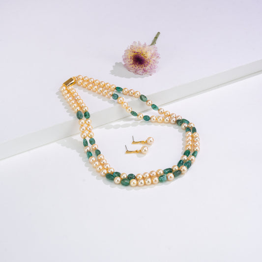 Natural Emerald Beads and 7.0-8.0mm Golden Akoya Saltwater Pearls Necklace Set - A Quality