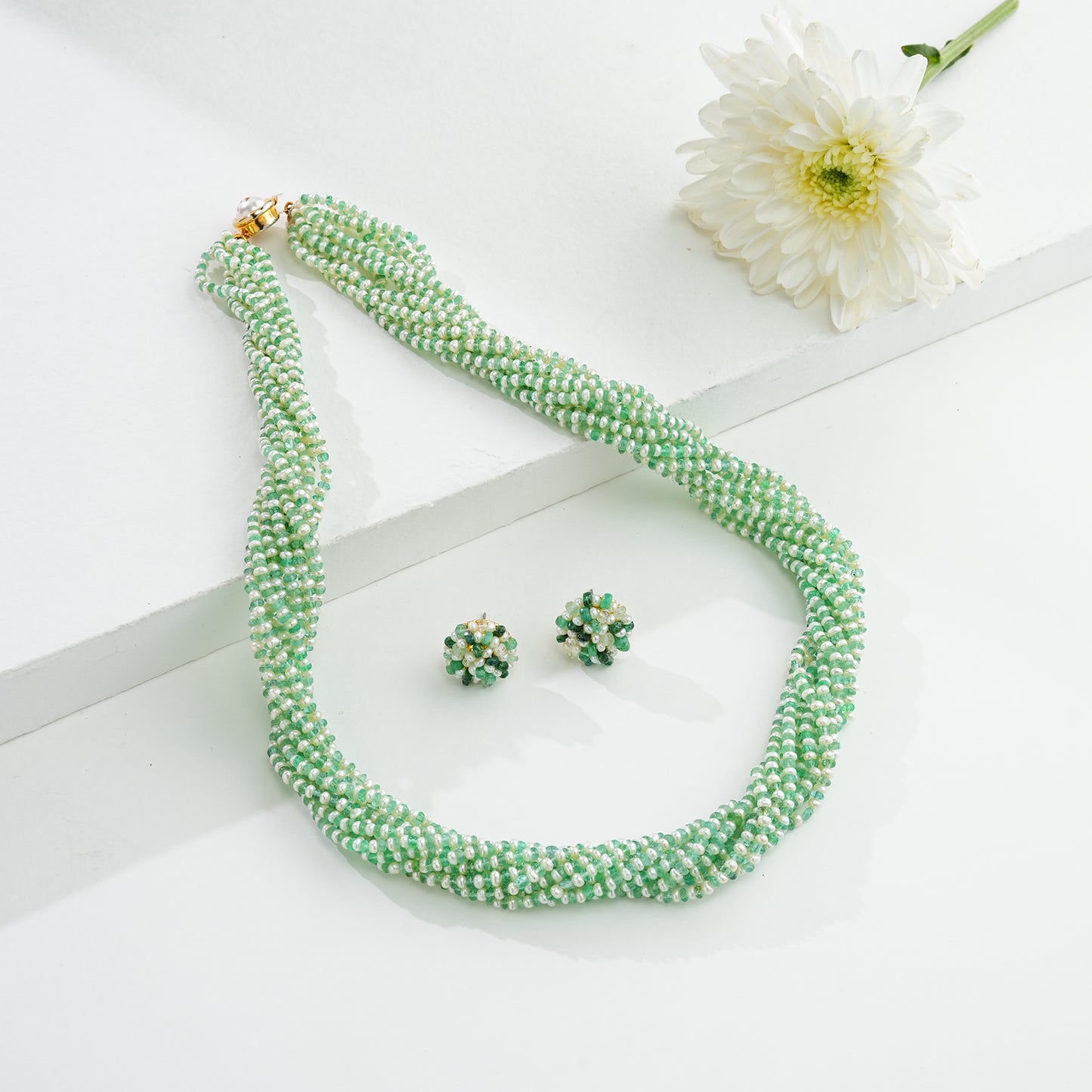 Natural Shaded Green Emerald And 1.0-2.0mm Seed Freshwater Pearls Necklace Set - AAA Quality