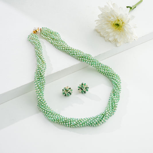 Natural Shaded Green Emerald And 1.0-2.0mm Seed Freshwater Pearls Necklace Set - AAA Quality