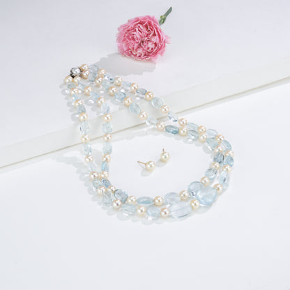 Natural Luxury Aquamarine Beads and 8.0-9.0mm Golden Akoya Saltwater Pearls Necklace Set - A Quality