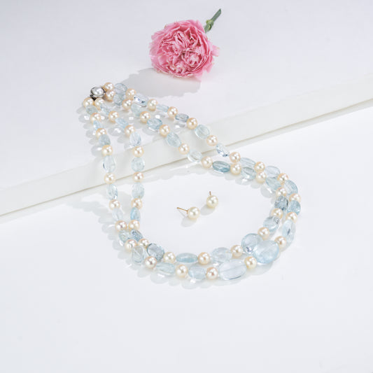 Natural Luxury Aquamarine Beads and 8.0-9.0mm Golden Akoya Saltwater Pearls Necklace Set - A Quality
