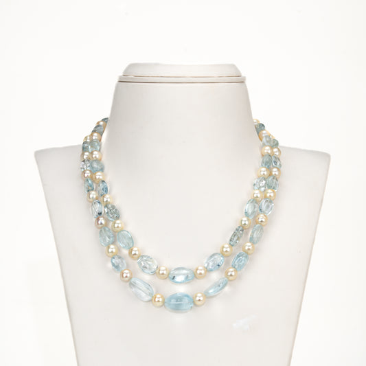 Natural Luxury Aquamarine Beads and 8.0-9.0mm Golden Akoya Saltwater Pearls Necklace Set - A Quality