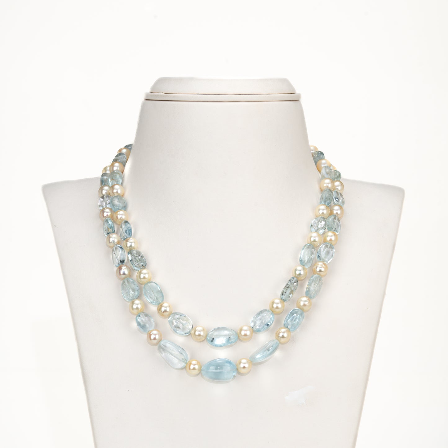 Natural Luxury Aquamarine Beads and 8.0-9.0mm Golden Akoya Saltwater Pearls Necklace Set - A Quality