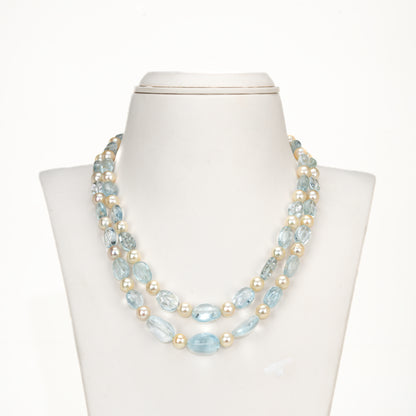 Natural Luxury Aquamarine Beads and 8.0-9.0mm Golden Akoya Saltwater Pearls Necklace Set - A Quality