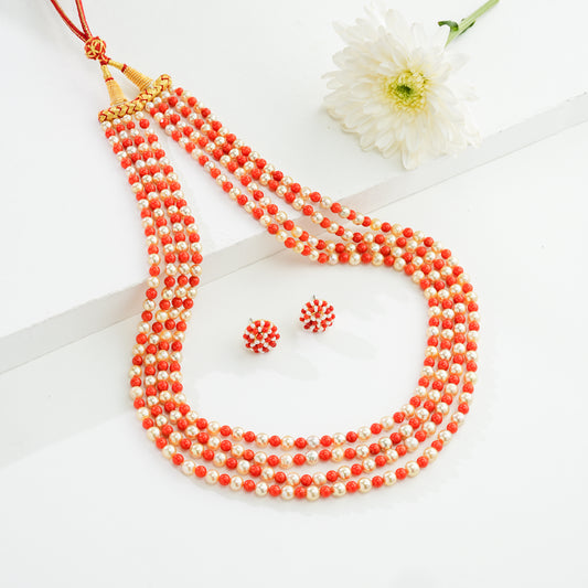 Natural Coral And 5.0-6.0mm Golden Saltwater Akoya Pearls Necklace Set-AAA Quality