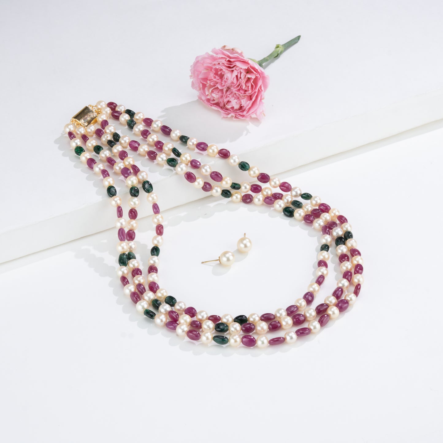 Natural Ruby & Emerald Beads and 6.0-7.0mm Golden Akoya Saltwater Pearls Necklace Set - A Quality