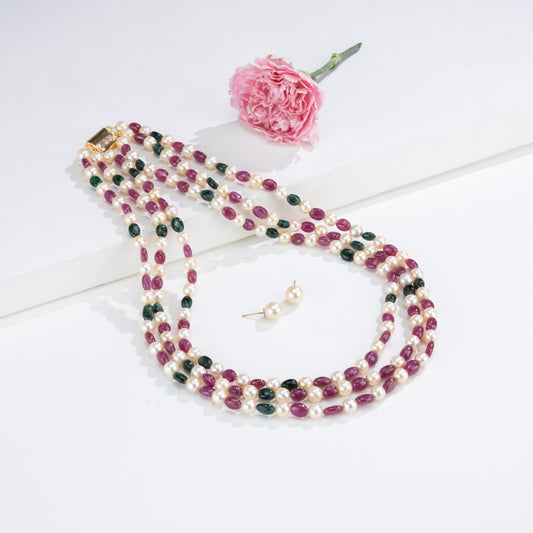 Natural Ruby & Emerald Beads and 6.0-7.0mm Golden Akoya Saltwater Pearls Necklace Set - A Quality