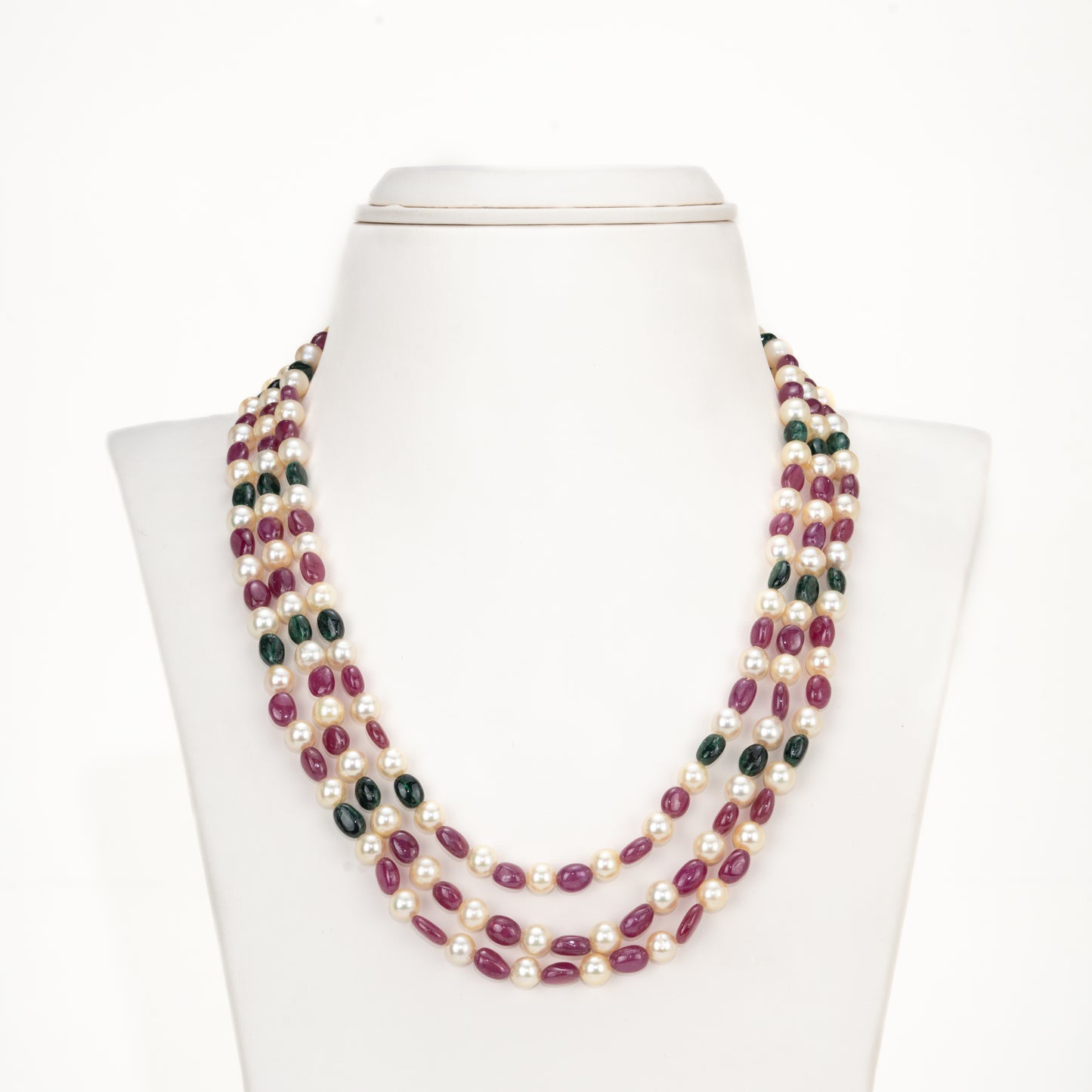Natural Ruby & Emerald Beads and 6.0-7.0mm Golden Akoya Saltwater Pearls Necklace Set - A Quality