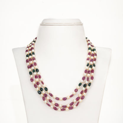 Natural Ruby & Emerald Beads and 6.0-7.0mm Golden Akoya Saltwater Pearls Necklace Set - A Quality