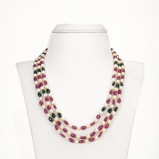 Natural Ruby & Emerald Beads and 6.0-7.0mm Golden Akoya Saltwater Pearls Necklace Set - A Quality