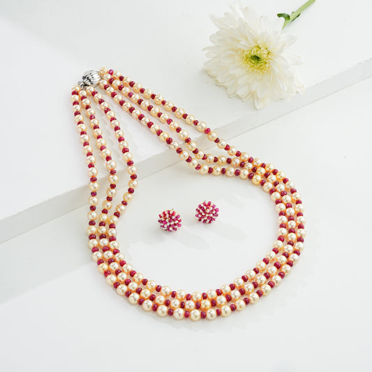 Natural Ruby And 6.0-7.0mm Golden Saltwater Akoya Pearls Necklace Set - A Quality