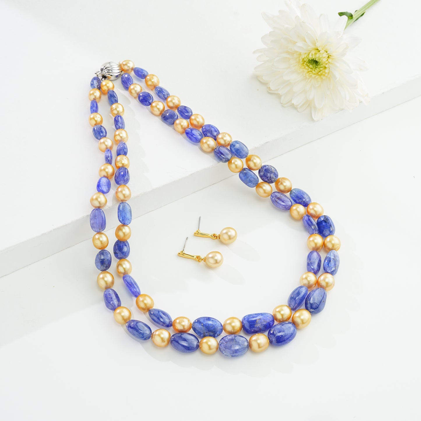 Natural Tanzanite Beads and 8.0-9.0mm Golden Akoya Saltwater Pearls Necklace Set - A Quality