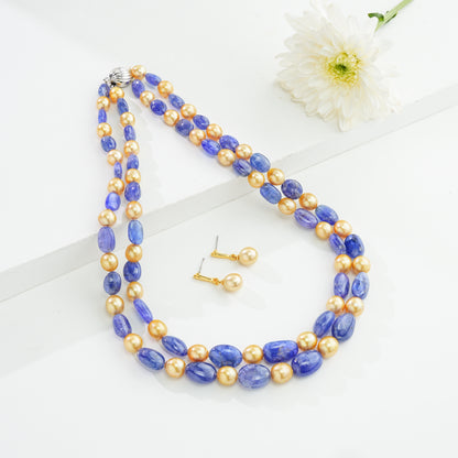 Natural Tanzanite Beads and 8.0-9.0mm Golden Akoya Saltwater Pearls Necklace Set - A Quality