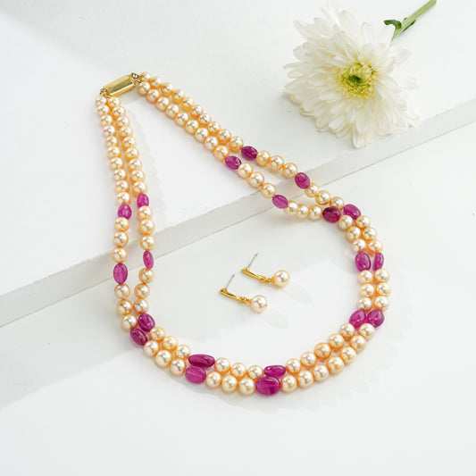 Natural  Ruby Beads and 7.0-8.0mm Golden Akoya Saltwater Pearls Necklace Set - AAA Quality