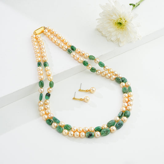 Natural Emerald Beads and 7.0-8.0mm Golden Akoya Saltwater Pearls Necklace Set - A Quality