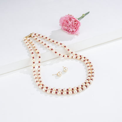 Natural Ruby and 7.0-8.0mm Golden Akoya Saltwater Pearls Necklace Set - A Quality