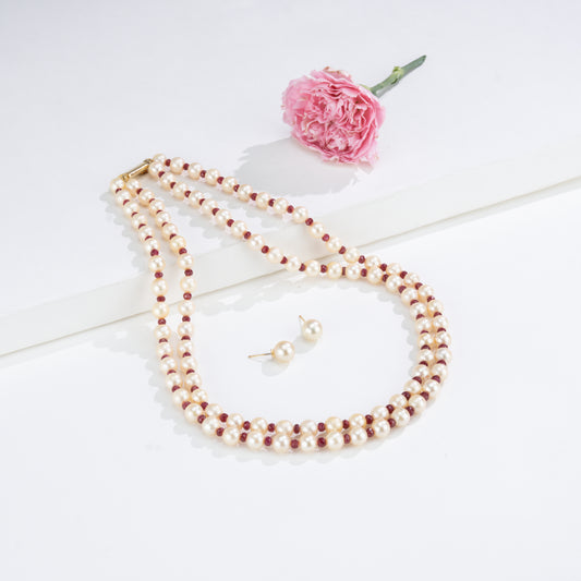 Natural Ruby and 7.0-8.0mm Golden Akoya Saltwater Pearls Necklace Set - A Quality