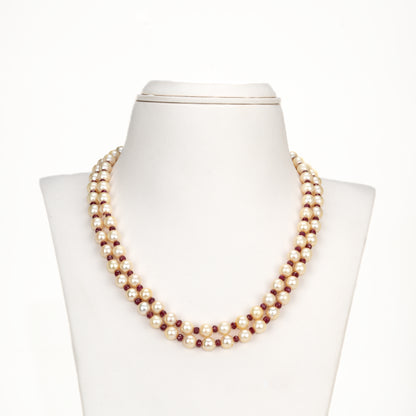 Natural Ruby and 7.0-8.0mm Golden Akoya Saltwater Pearls Necklace Set - A Quality