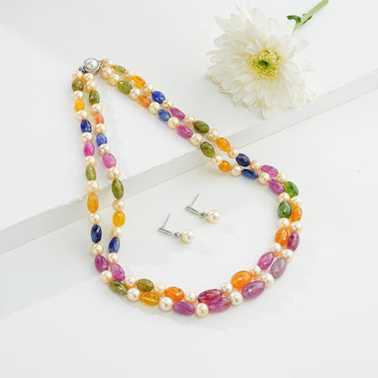 Natural Navaratan  Beads and 7.0-8.0mm Cream Akoya Pearls Necklace Set - A Quality