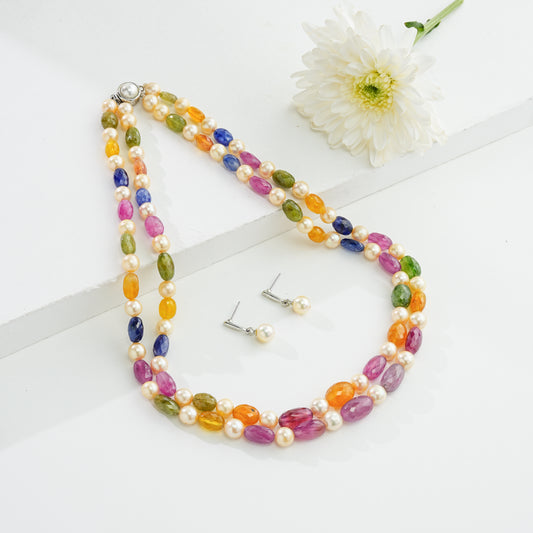 Natural Navaratan  Beads and 7.0-8.0mm Cream Akoya Pearls Necklace Set - A Quality