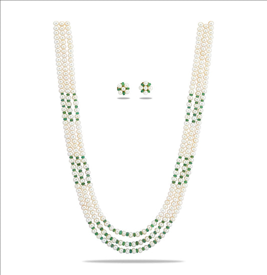 Natural Emerald And 5.0-6.0mm Button Freshwater Pearl Necklace Set - AA Quality