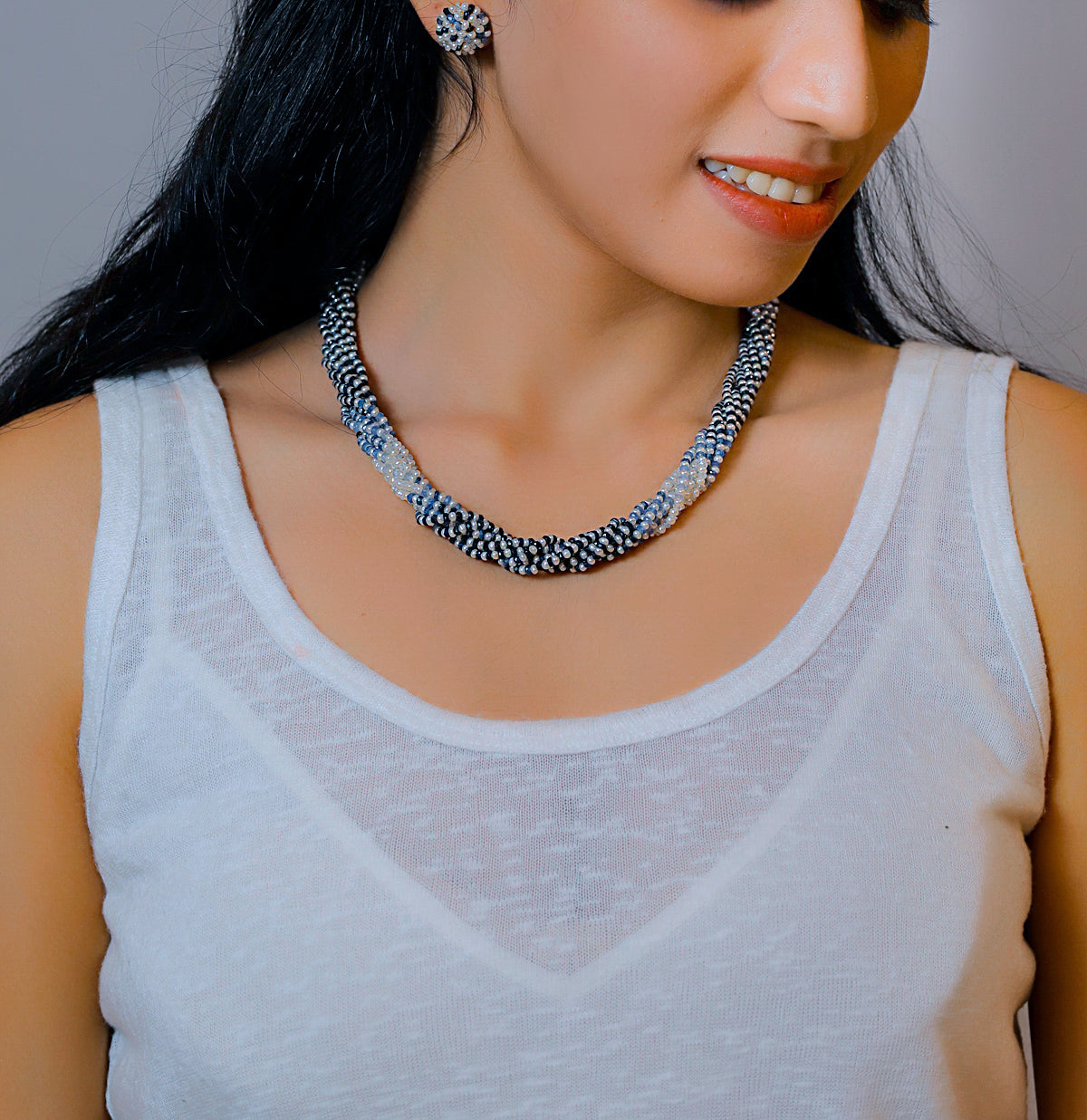 Natural Shaded Blue Sapphire and 1.0-2.0mm Seed Freshwater Pearls Necklace Set - AAA Quality