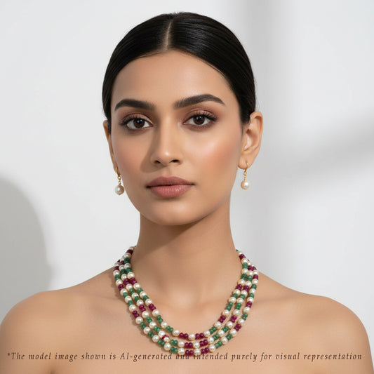 Natural Ruby & Emerald Beads and 6.0-7.0mm Golden Akoya Saltwater Pearls Necklace Set - A Quality