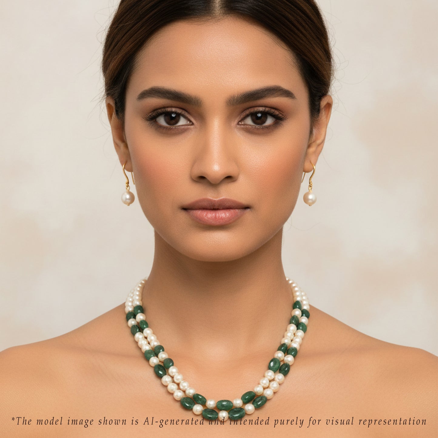 Natural Emerald Beads and 7.0-8.0mm Golden Akoya Saltwater Pearls Necklace Set - A Quality