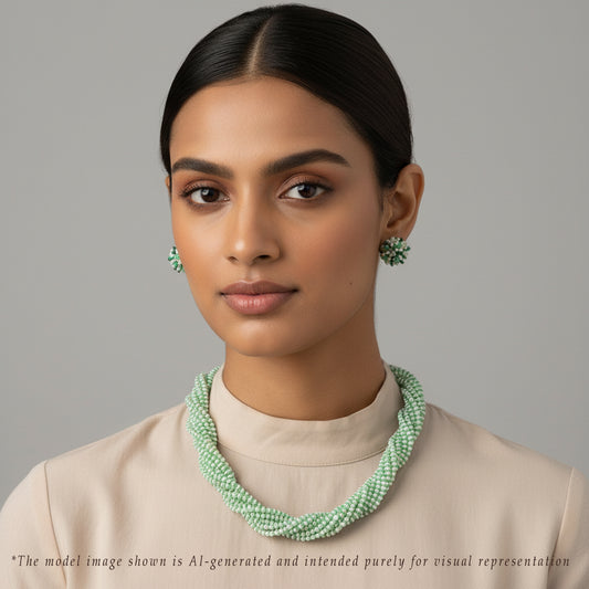 Natural Shaded Green Emerald And 1.0-2.0mm Seed Freshwater Pearls Necklace Set - AAA Quality