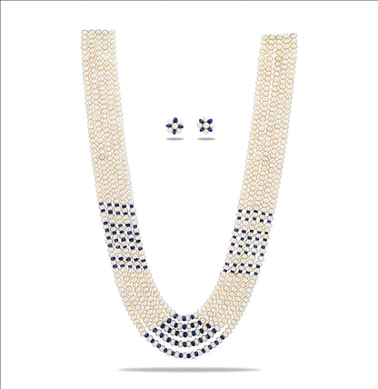 Natural Blue Sapphire And 3.0-4.0 Button Freshwater Pearl Necklace Set - AAA Quality