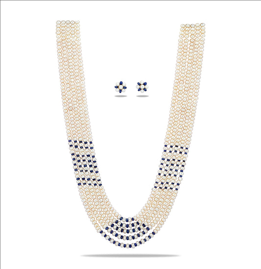 Natural Blue Sapphire And 3.0-4.0 Button Freshwater Pearl Necklace Set - AAA Quality