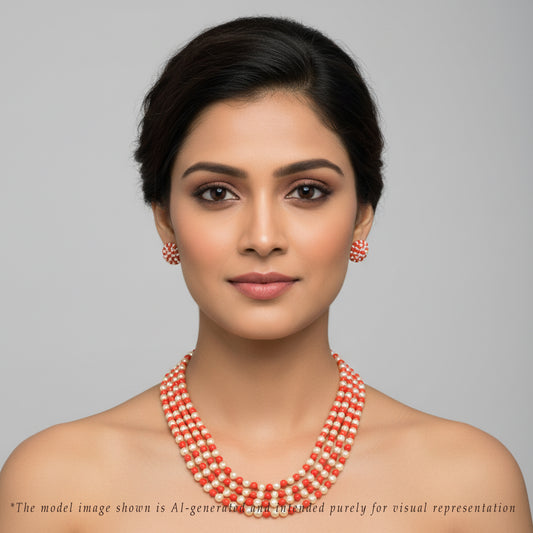 Natural Coral And 5.0-6.0mm Golden Saltwater Akoya Pearls Necklace Set-AAA Quality
