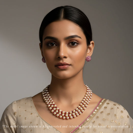 Natural Ruby And 6.0-7.0mm Golden Saltwater Akoya Pearls Necklace Set - A Quality