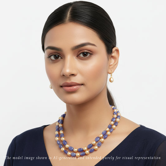Natural Tanzanite Beads and 8.0-9.0mm Golden Akoya Saltwater Pearls Necklace Set - A Quality