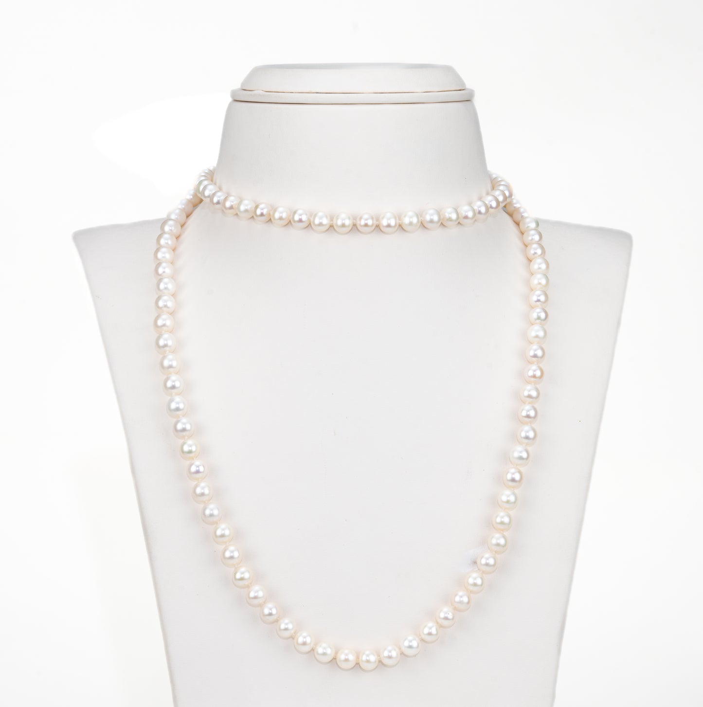 7.0-8.0mm White Near Round Opera Freshwater Pearl Neckalce Set - A Quality