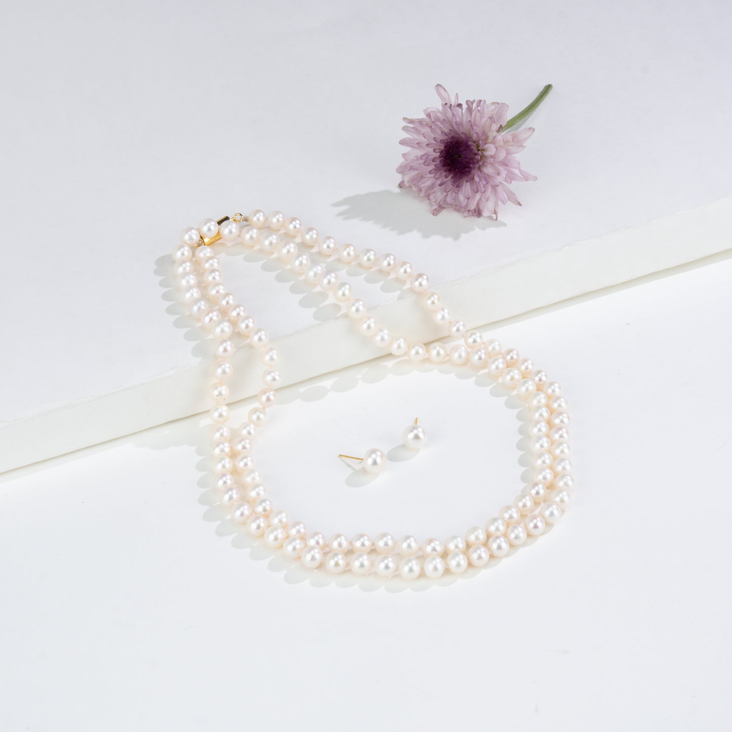 7.0-8.0mm White Near Round Opera Freshwater Pearl Neckalce Set - A Quality