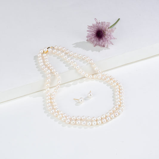 7.0-8.0mm White Near Round Opera Freshwater Pearl Neckalce Set - A Quality