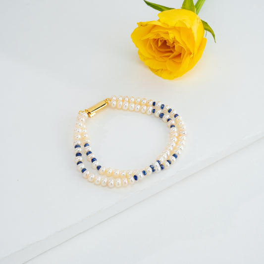 3.0-4.0mm Natural Blue Sapphire Button Freshwater Pearl Bracelet