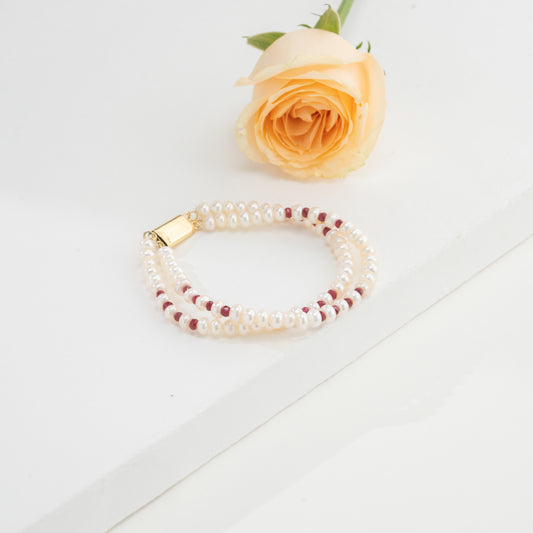 5.0-6.0mm Natural Ruby White Button Freshwater Pearl Bracelet