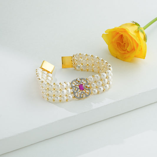 Fancy Button Red Stone White Freshwater Pearl Bracelet