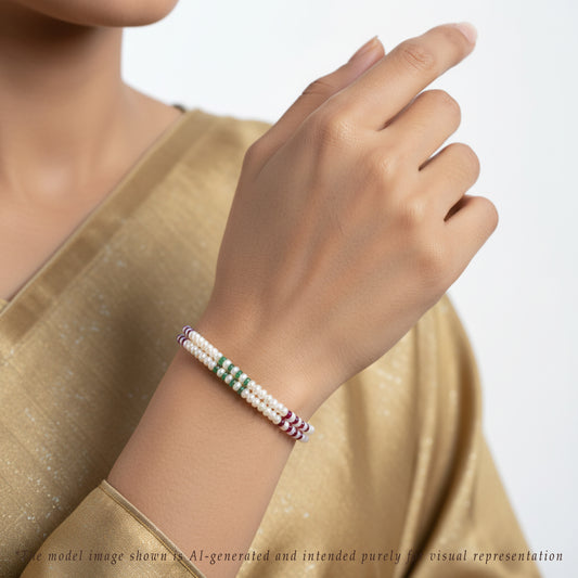 5.0-6.0mm Natural Ruby Emerald Blue Sapphire Button White Freshwater Pearl Bracelet