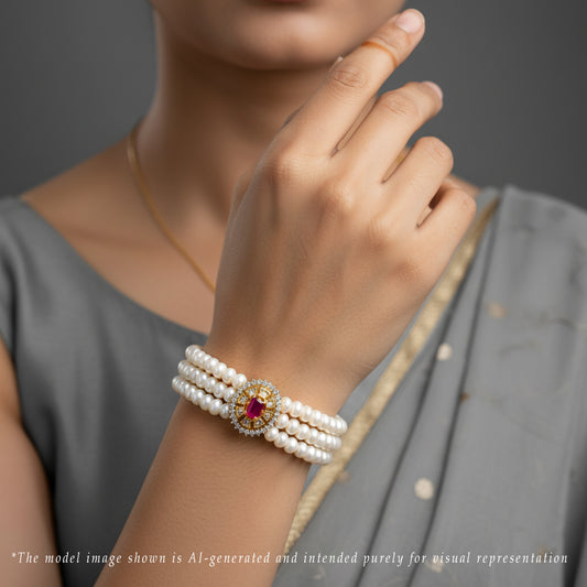 Opulent Red Stone White Freshwater Pearl Bracelet