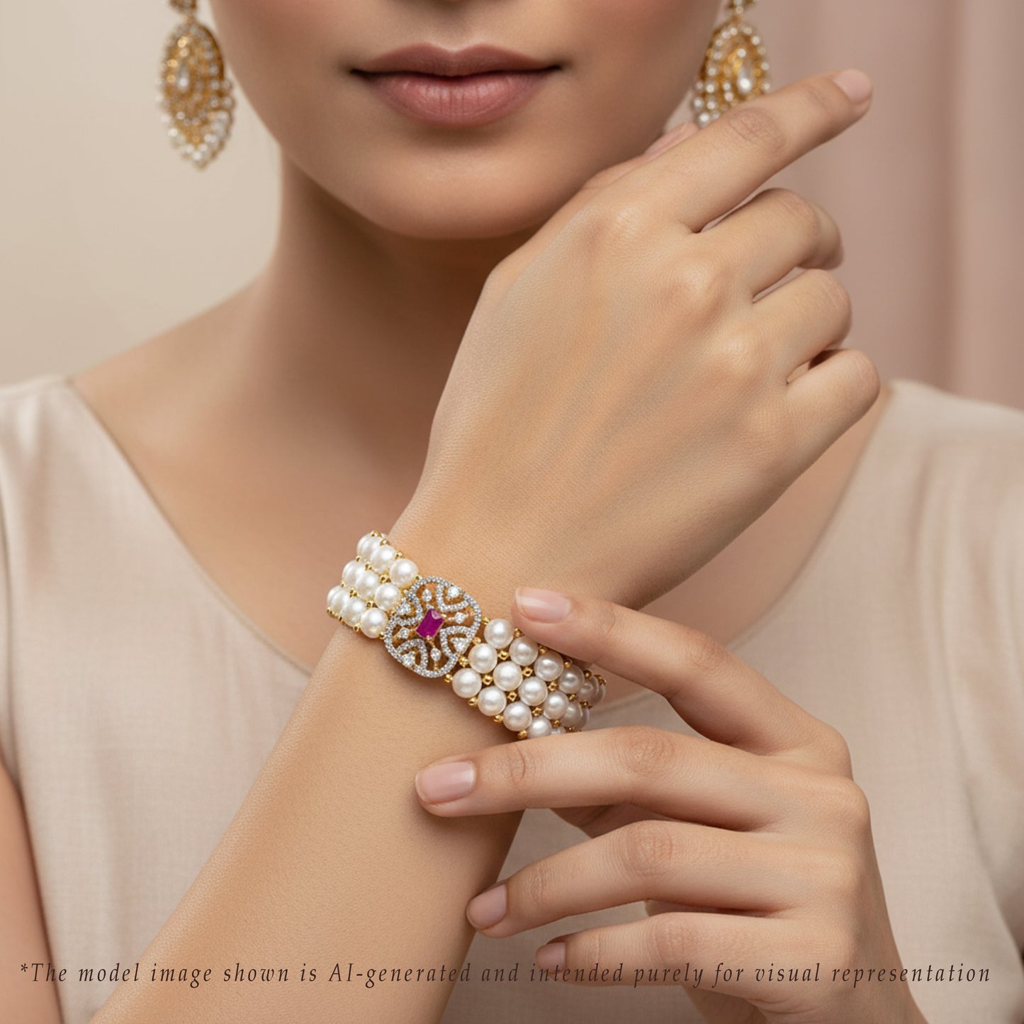 Fancy Button Red Stone White Freshwater Pearl Bracelet