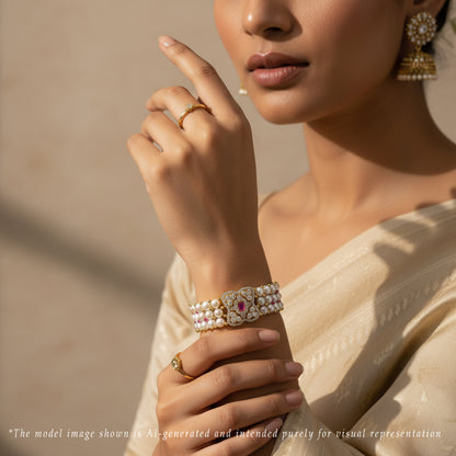 Velvety Red Stone White Freshwater Pearl Bracelet