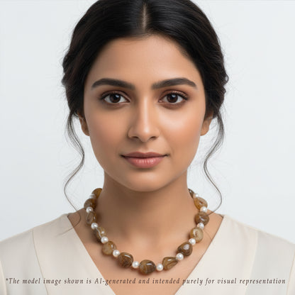 Brown Agate Semi Precious Beads & Multicolor Freshwater Pearl Necklace