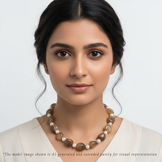 Brown Agate Semi Precious Beads & Multicolor Freshwater Pearl Necklace