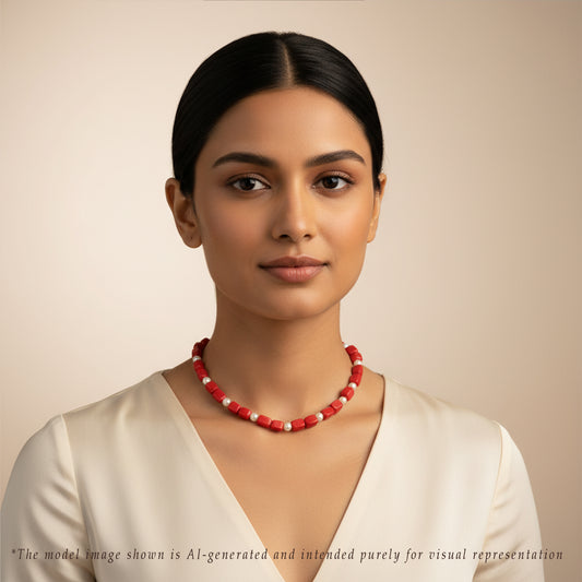 Semi Precious Red Beads & White Freshwater Pearl Necklace