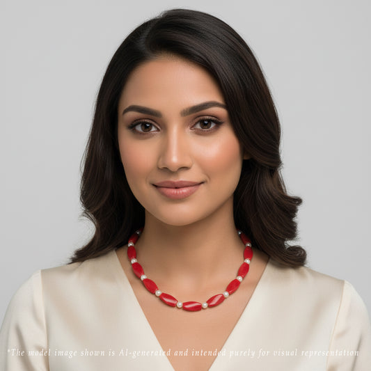 Semi Precious Red Beads & White Freshwater Pearl Necklace