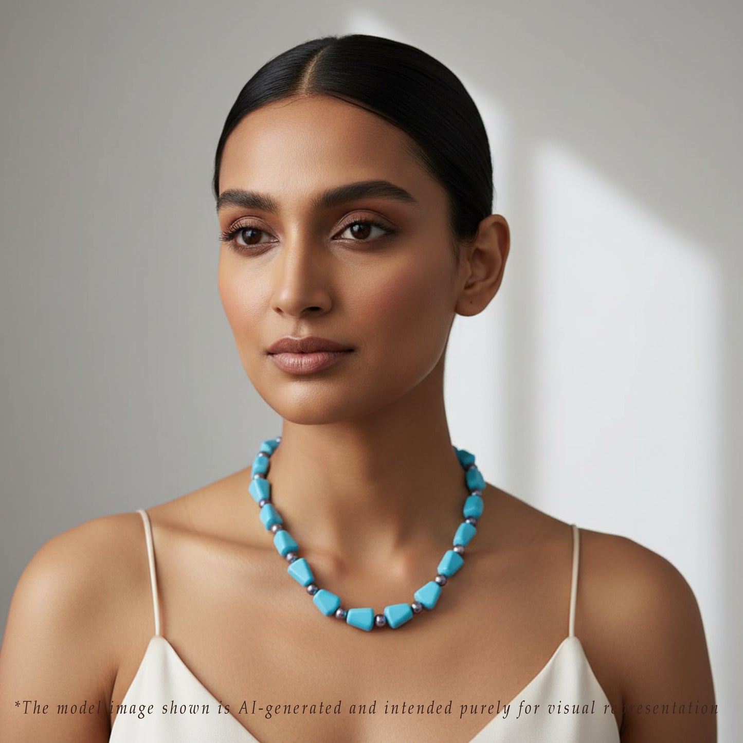 Light Blue Semi Precious Beads & Black Freshwater Pearl Necklace