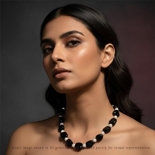 Black Onyx Semi Precious Beads & White Freshwater Pearl Necklace